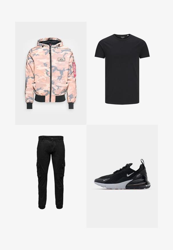 Veste de camouflage dans des tons roses et gris, dotée d'un zip sur le devant, d'une capuche et de poignets et d'un ourlet élastiques. Inclut un patch logo et une étiquette d'accent rouge.; T-shirt en coton noir avec un col rond, des manches courtes et un design simple. Texture lisse, sans motifs ni éléments visibles.; Pantalon cargo noir avec poches à rabat latérales, poignets élastiques, fermeture frontale par bouton et fermeture éclair.; Chaussure de sport noire avec tige en mesh, semelle intermédiaire blanche et amorti visible dans le talon. Design élégant avec de subtils accents argentés.