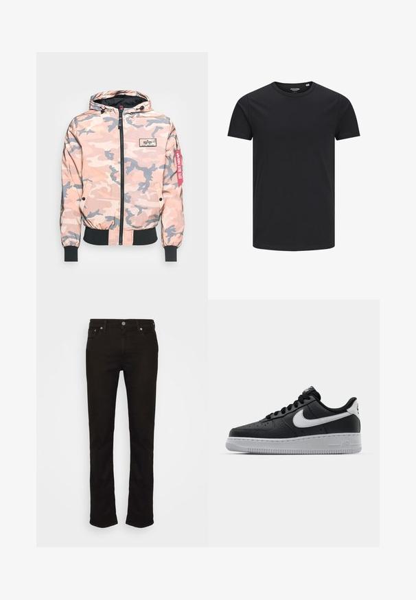 Kamuflagejakke i pink og grå nuancer, med lynlås foran, hætte og elastiske manchetter og kant. Inkluderer et logo-patch og et rødt accentmærke.; Sort bomulds T-shirt med rund hals, korte ærmer og et enkelt design. Glat tekstur, ingen mønstre eller synligt tilbehør.; Sorte denim jeans med lige ben, der har et klassisk fem-lomme design, metal knaplukning og diskrete syninger.; Sort lædersneaker med tekstureret overflade, hvid Nike swoosh, grå sål, rund tå og snørebåndsdesign. Har perforeringer på tåboksen.