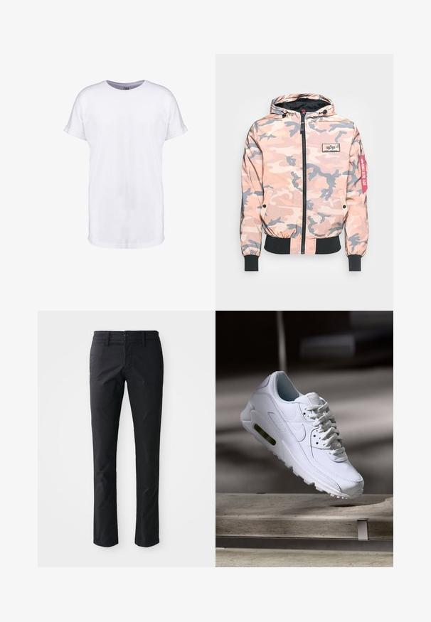 Camouflage jas in roze en grijstinten, met een rits aan de voorkant, capuchon en elastische manchetten en zoom. Inclusief een logo-applicatie en een rode accentlabel.; Witte katoenen t-shirt met korte mouwen, ronde halslijn en een comfortabele pasvorm. Glad textuur en geen zichtbare patronen of ontwerpen.; Zwarte rechte broek gemaakt van gladde stof met een enkele knoopsluiting en riemlussen. Minimalistisch ontwerp zonder zichtbare patronen.; Witte leren sneaker met gestructureerde oppervlakken, gevoerde kraag en zichtbare luchtbescherming in de zool. Heeft veters en een minimalistisch ontwerp.