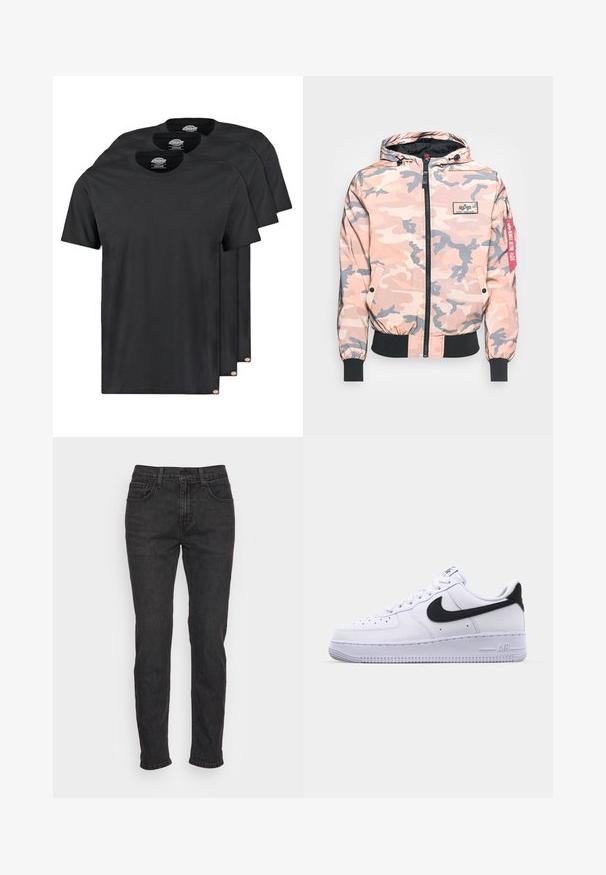 Veste de camouflage dans des tons roses et gris, dotée d'un zip sur le devant, d'une capuche et de poignets et d'un ourlet élastiques. Inclut un patch logo et une étiquette d'accent rouge.; T-shirts en coton noir vendus par pack de trois. Col rond, manches courtes et texture douce. Étiquette avec logo sur l'ourlet.; Jean en denim noir avec une coupe ajustée, comportant cinq poches, des passants de ceinture et des détails de couture subtils. Texture usée sur le tissu.; Sneaker en cuir blanc avec un Swoosh noir texturé, des lacets plats et une semelle en caoutchouc avec un motif strié. "AIR" est embossé sur le talon.
