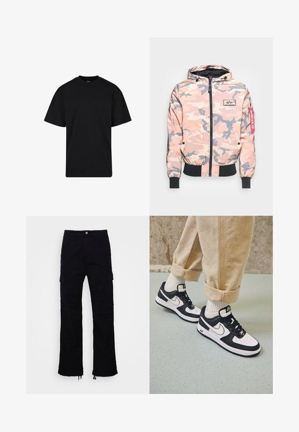 Chaqueta de camuflaje en tonos rosa y gris, con cremallera frontal, capucha y puños y dobladillo elásticos. Incluye un parche con el logotipo y una etiqueta de acento roja.; Camiseta negra de manga corta con cuello redondo, corte holgado, diseño liso y sin logotipos ni patrones visibles.; Pantalones cargo negros con un diseño de pierna recta, que cuentan con dos bolsillos laterales y bajos ajustables con cordón. Confeccionados en tejido duradero.; Zapatillas Nike Air Force 1 en blanco y negro con parte superior de cuero, puntera perforada y detalle de suela texturizada, combinadas con pantalones beiges remangados y calcetines blancos.