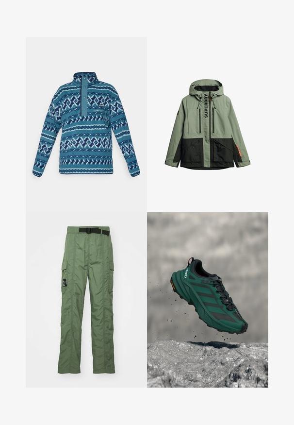 Groene en zwarte hooded jack met een voorkant rits, twee verticale borstzakken, twee grote zakken onderaan en het 'SUPERDRY' logo op de flap van de voorkant rits.; Blauwe fleece pullover met doorgestikt patroon, drukknoopsluiting, ritssluiting op de borstzak en lange mouwen, geschikt voor koud weer.; Olijfgroene cargopantalons, gemaakt van lichtgewicht stof. Voorzien van een zwarte riem, cargozakken aan de zijkanten en stikseldetails.; Donkergroene Adidas Terrex trailrunning schoen zwevend boven rotsachtig terrein met rondvliegende dirtdeeltjes.