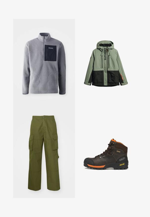 Groene en zwarte hooded jack met een voorkant rits, twee verticale borstzakken, twee grote zakken onderaan en het 'SUPERDRY' logo op de flap van de voorkant rits.; Grijze fleece pullover met een halve rits kraag, een marineblauwe borstzak, twee zijzakken en een gestructureerde stof. Lichtgewicht en casual ontwerp.; Olijfgroene cargo broek van duurzaam materiaal, met twee zijzakken, een relaxte pasvorm en een knoopsluiting bij de taille.; Bruine leren wandelschoen met zwarte en oranje accenten, zwarte veters, Vibram-zool, Gore-Tex-label en Aigle 1853-merkteken op de hiel.