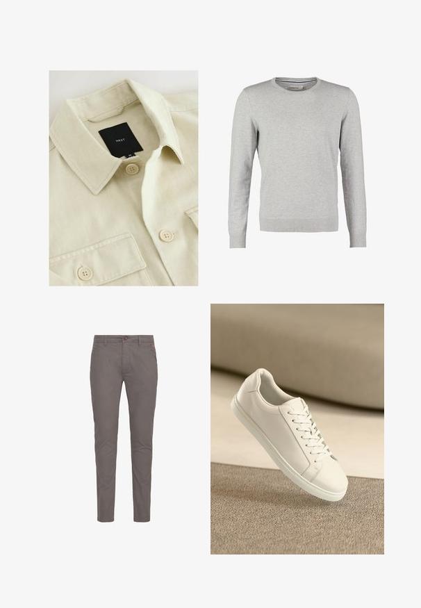 Beige skjorte med knapper, spids krave, brystlomme og sort mærkelabel med teksten "NEXT" inde i halsudskæringen.; Grå sweater med lange ærmer, rund halsudskæring, ribbede manchetter og kant. Fremstillet af et glat strikmateriale med en ensartet tekstur. Ingen mønstre eller accenter.; Grå bomulds chinos med lige pasform, der har knaplukning, standardlommer og minimalistisk design. Glat tekstur og ingen mønstre.; Hvide lædersneakers med hvide snørebånd, præsenteret på en beige tekstureret overflade og med en blødt uskarp baggrund.
