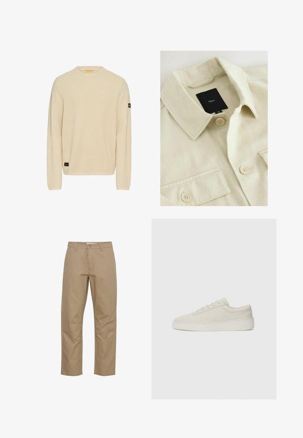 Beige skjorte med knapper, spids krave, brystlomme og sort mærkelabel med teksten "NEXT" inde i halsudskæringen.; Lys beige striktrøje med lange ærmer, rund halsudskæring, tekstureret stof og et lille sort logo-patch på venstre ærme.; Beige bomuldsbukser med lige ben-design, der har en frontknap og lynlås lukning, sidelommer og et rent finish.; Beige sneakers med en glat ruskindsfinish, rund tå og flad gummisole. Har snørebåndslukning og minimalistisk design med diskret syning.