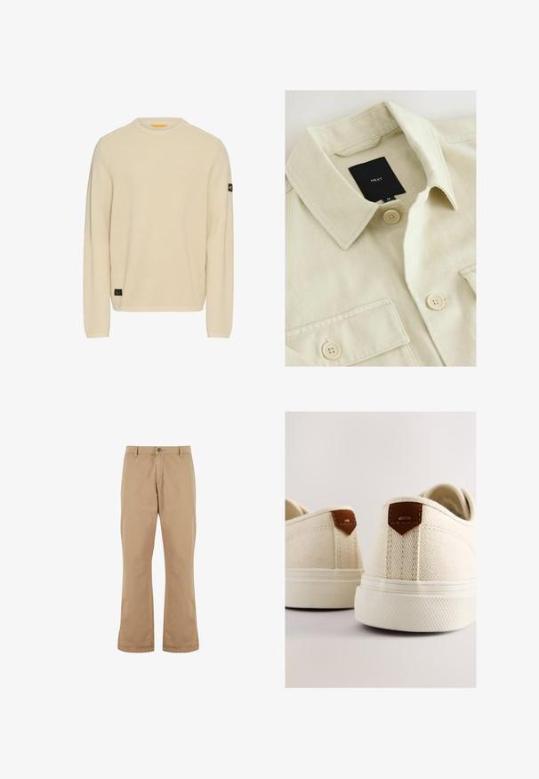 Beige skjorte med knapper, spids krave, brystlomme og sort mærkelabel med teksten "NEXT" inde i halsudskæringen.; Lys beige striktrøje med lange ærmer, rund halsudskæring, tekstureret stof og et lille sort logo-patch på venstre ærme.; Beige bomuldsbukser med lige pasform, der har knaplukning, forlommer og en glat tekstur.; Lærreds-sneakers i creme med en struktureret finish, der har brune læderdetaljer ved hælen og en ydersål af gummi.