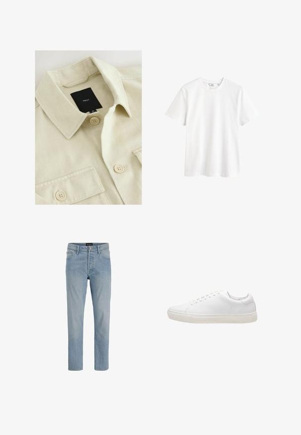 Beige Hemd zum Zumachen mit spitzem Kragen, Brusttasche und schwarzem Markenlabel mit der Aufschrift "NEXT" im Nackenbereich.; Schlichtes weißes Kurzarm-T-Shirt mit Rundhalsausschnitt und kleinem Markenlabel innen im Kragen.; Hellblaue Denim-Jeans mit geradem Schnitt, fünf Taschen, Knopfverschluss und einem leicht ausgewaschenen Finish.; Weiße Leder-Sneaker mit glatter Textur, runder Zehenpartie, Schnürverschluss und flacher Gummisohle. Minimalistisches Design ohne sichtbare Muster.