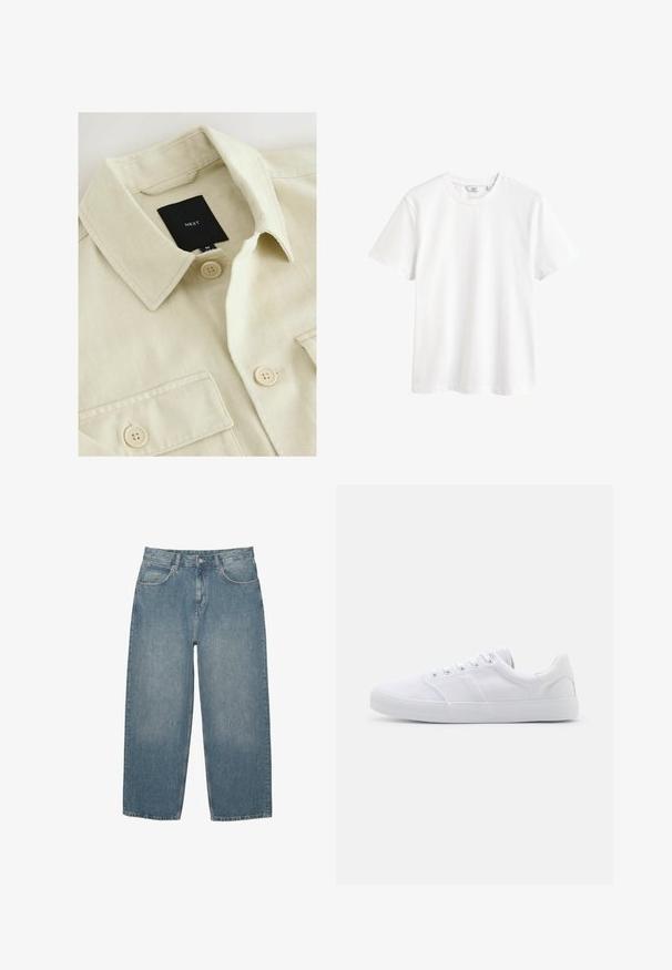 Beige overhemd met knopen, een puntige kraag, borstzak en een zwart merklabje met de tekst "NEXT" aan de binnenkant van de hals.; Effen witte T-shirt met korte mouwen en een ronde hals, met een klein merkje in de kraag.; Blauwe high-waisted straight-leg jeans met voorzakken, riemlussen, knoopsluiting en subtiele vervaging op een witte achtergrond.; Witte canvas sneakers met een rubberen zool, voorzien van zes oogjes, een gestructureerde neuskap en een minimalistisch ontwerp.