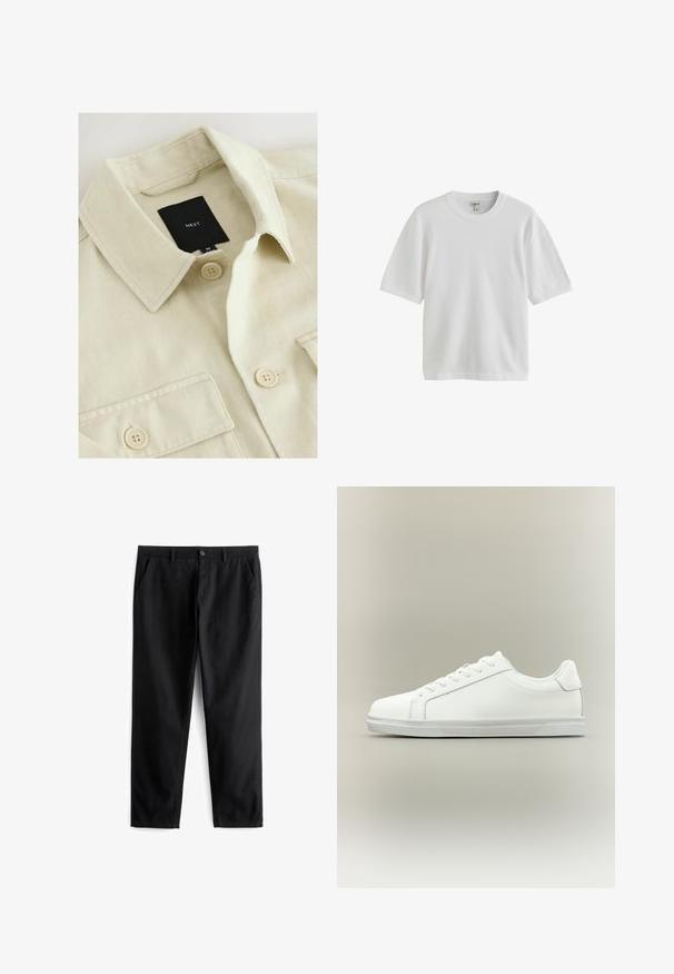 Chemise beige boutonnée avec col pointu, poche poitrine et étiquette de marque noire "NEXT" à l'intérieur de l'encolure.; T-shirt blanc uni à manches courtes avec un col rond, présenté sur un fond blanc.; Pantalons noirs en tissu durable, dotés de deux poches avant, d'une fermeture à bouton, d'un design plat à l'avant et d'une coupe droite.; Baskets blanches basses à lacets sur l'avant avec semelle en caoutchouc texturée, sur fond neutre uni.