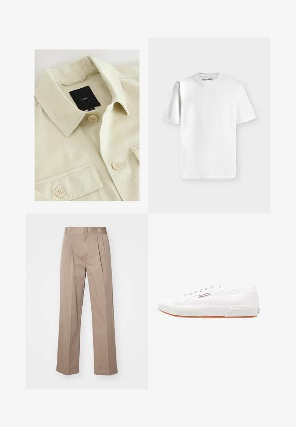 Beige Hemd zum Zumachen mit spitzem Kragen, Brusttasche und schwarzem Markenlabel mit der Aufschrift "NEXT" im Nackenbereich.; Schlichtes weißes T-Shirt mit kurzen Ärmeln und Rundhalsausschnitt, flach auf einem hellgrauen Hintergrund liegend mit einem kleinen Markenlabel im Halsausschnitt.; Beige, hoch taillierte Hosen mit weit geschnittenem Design. Verfügbar mit zwei Vorderfalten und einer glatten Textur. Standardlänge mit einem sauberen Finish.; Weiße Leinensneaker mit Gummisohle, Schnürdesign und einem kleinen Logolabel an der Seite. Strukturierte weiße Oberseite und braune Außensohle.