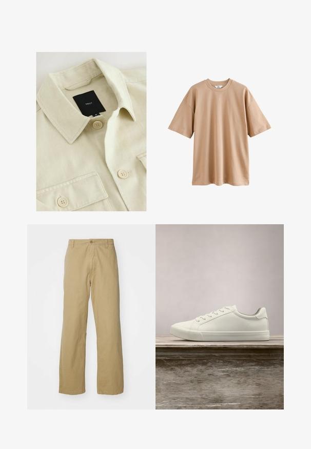 Beige skjorte med knapper, spids krave, brystlomme og sort mærkelabel med teksten "NEXT" inde i halsudskæringen.; Beige oversized T-shirt i bomuld med korte ærmer, rund hals og sænkede skuldre, vist fladt på en hvid baggrund.; Khaki bomuldsbukser med lige ben, der har en frontknaplukning og sidelommer. Glat, robust tekstur.; Hvide snørresneakers svævende over en træbænk med grønne planter i baggrunden, der fremhæver skodesign og tekstur.