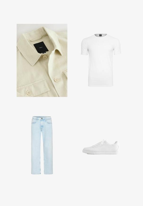 Beige Hemd zum Zumachen mit spitzem Kragen, Brusttasche und schwarzem Markenlabel mit der Aufschrift "NEXT" im Nackenbereich.; Schlichtes weißes T-Shirt mit kurzen Ärmeln und Rundhalsausschnitt, mit einem schwarzen Label innen im Kragen vor weißem Hintergrund.; Hellblaue Jeans mit geradem Bein, vorderem Knopf und Reißverschluss, Gürtelschlaufen und Vordertaschen auf weißem Hintergrund.; Weißer Low-Top-Sneaker mit Schnürsenkeln, glattem Lederobermaterial und flacher Gummisohle, seitlich auf weißem Hintergrund gezeigt.