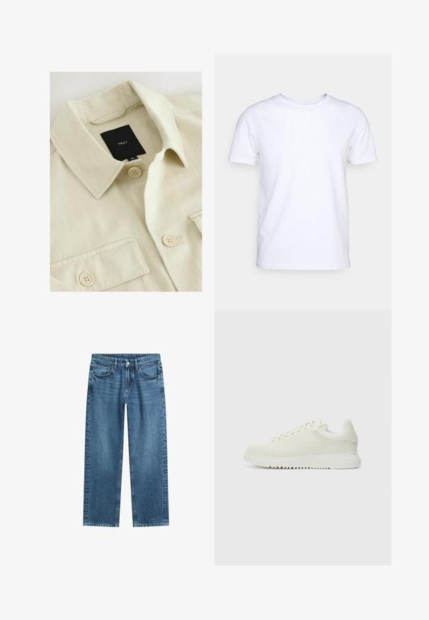 Beige skjorte med knapper, spids krave, brystlomme og sort mærkelabel med teksten "NEXT" inde i halsudskæringen.; Hvid kortærmet t-shirt i bomuldsstof med rund halsudskæring. Enkel design uden mønstre eller detaljer. Glat tekstur.; Straight-leg blå denim jeans med klassisk fem-lomme design og knaplukning på hvid baggrund.; Hvide lædersneakers med struktureret overdel, rund tå, flad hvid sål og tonede snørebånd. Subtil branding på tungen.