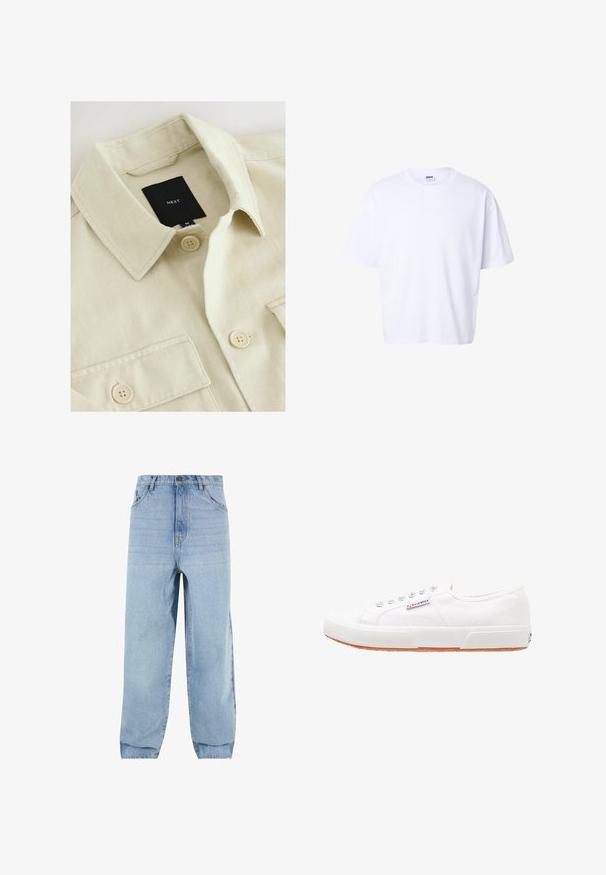 Beige overhemd met knopen, een puntige kraag, borstzak en een zwart merklabje met de tekst "NEXT" aan de binnenkant van de hals.; Effen witte katoenen T-shirt met korte mouwen, ronde hals, losse pasvorm en Urban Classic merklabel aan de binnenkant van de kraag.; Lichtblauwe denim jeans met een losse pasvorm, hoge taille en vijf zakken. Voorzien van riemlussen en een knoopsluiting. Glad textuur.; Witte canvas sneakers met een rubberen zool, vetersluiting en een klein logolabel aan de zijkant. Gewreven wit bovenwerk en een bruine zool.