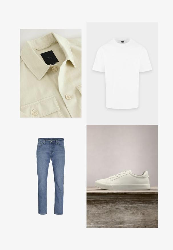 Beige Hemd zum Zumachen mit spitzem Kragen, Brusttasche und schwarzem Markenlabel mit der Aufschrift "NEXT" im Nackenbereich.; Schlichtes weißes Baumwoll-T-Shirt mit kurzen Ärmeln und Rundhalsausschnitt, dargestellt auf hellem grauem Hintergrund.; Hellblaue Jeans aus Denim mit geradem Bein, fünf Taschen und einem vorderen Knopfverschluss mit kontrastierenden Nähten.; Weiße Schnürsneaker, die über einer Holzbank mit grünem Laub im Hintergrund schweben und das Schuhdesign sowie die Textur zeigen.