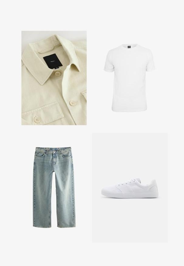 Beige Hemd zum Zumachen mit spitzem Kragen, Brusttasche und schwarzem Markenlabel mit der Aufschrift "NEXT" im Nackenbereich.; Weißes T-Shirt mit kurzen Ärmeln, aus Baumwolle, mit Rundhalsausschnitt und glatter Textur, entworfen für lässige Kleidung.; Hellblaue, bequeme Baggy-Jeans aus Denim mit geradem Bein, fünf Taschen und sichtbarem Knopfverschluss.; Weiße Leinenschuhe mit Gummisohle, ausgestattet mit sechs Ösen, einer strukturierten Zehenkappe und minimalistischer Gestaltung.