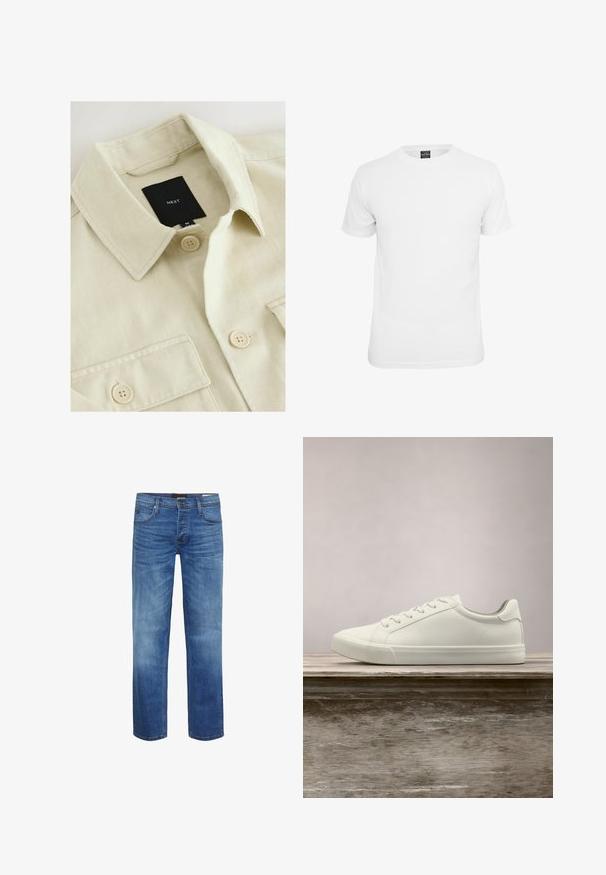 Beige Hemd zum Zumachen mit spitzem Kragen, Brusttasche und schwarzem Markenlabel mit der Aufschrift "NEXT" im Nackenbereich.; Weißes T-Shirt mit kurzen Ärmeln, aus Baumwolle, mit Rundhalsausschnitt und glatter Textur, entworfen für lässige Kleidung.; Hellblaue Jeans aus Denim mit einem verwaschenen Finish, gerader Schnitt, Fünf-Taschen-Design und einem Reißverschluss. Mit brauner Naht und einem Logo-Patch.; Weiße Schnürsneaker, die über einer Holzbank mit grünem Laub im Hintergrund schweben und das Schuhdesign sowie die Textur zeigen.