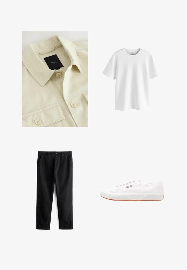 Beige overhemd met knopen, een puntige kraag, borstzak en een zwart merklabje met de tekst "NEXT" aan de binnenkant van de hals.; Effen wit T-shirt met korte mouwen en ronde hals in regular fit, afgebeeld op een witte achtergrond.; Zwarte broek van duurzaam materiaal, met twee voorzakken, een knoopsluiting, een platte voorkant en een recht gesneden pijp.; Witte canvas sneakers met een rubberen zool, vetersluiting en een klein logolabel aan de zijkant. Gewreven wit bovenwerk en een bruine zool.