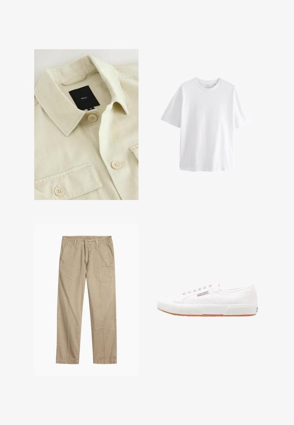 Beige overhemd met knopen, een puntige kraag, borstzak en een zwart merklabje met de tekst "NEXT" aan de binnenkant van de hals.; Effen witte T-shirt met korte mouwen en ronde hals met een ontspannen pasvorm op een witte achtergrond.; Beige rechte pijpen chinos met riemlussen, voorkant met knoop en rits sluiting, en schuine voorzakken.; Witte canvas sneakers met een rubberen zool, vetersluiting en een klein logolabel aan de zijkant. Gewreven wit bovenwerk en een bruine zool.
