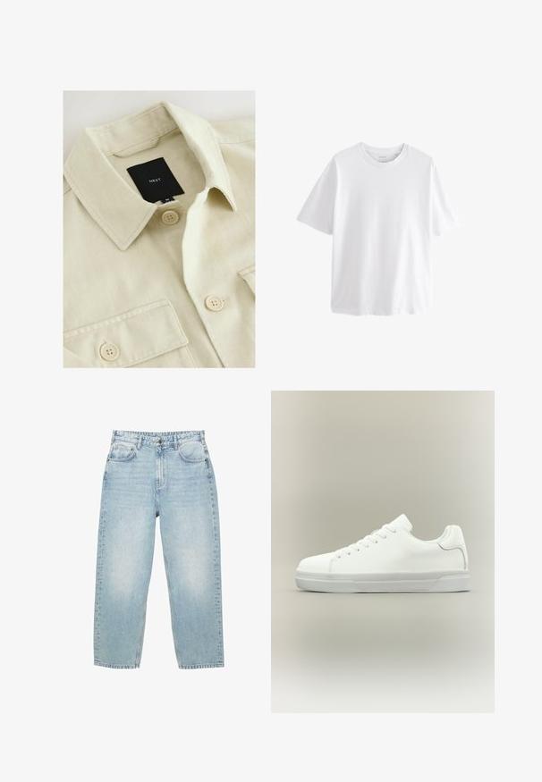 Beige Hemd zum Zumachen mit spitzem Kragen, Brusttasche und schwarzem Markenlabel mit der Aufschrift "NEXT" im Nackenbereich.; Schlichtes weißes T-Shirt mit kurzen Ärmeln und Rundhalsausschnitt in entspannter Passform vor weißem Hintergrund.; Hellblaue hochgeschnittene Jeans aus Denim mit geradem Bein, vorderen und hinteren Taschen sowie einem Knopfverschluss mit sichtbaren Nähten.; Weißer Sneaker in niedriger Schnittform mit Schnürung vorne, gepolstertem Kragen und strukturiertem Gummisohle, seitlich auf neutralem Hintergrund dargestellt.
