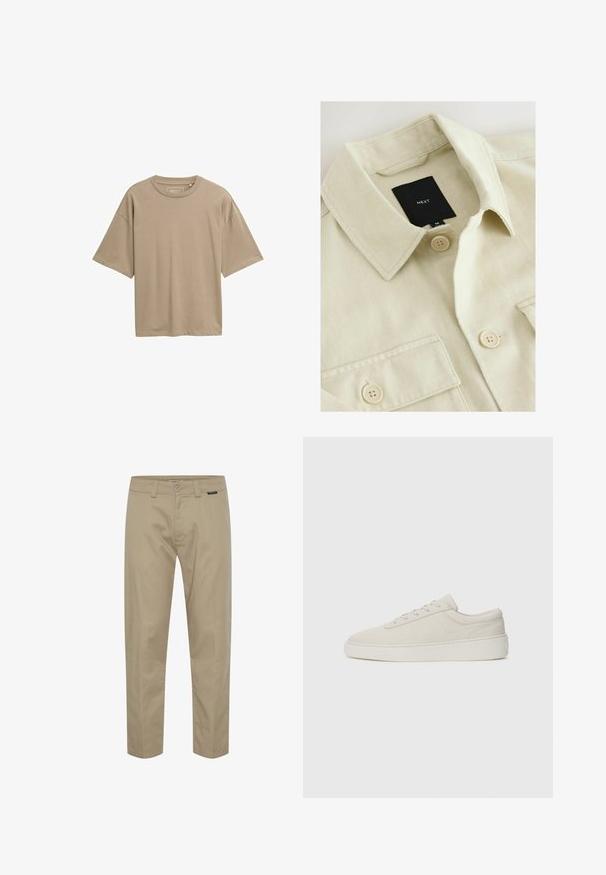 Beige skjorte med knapper, spids krave, brystlomme og sort mærkelabel med teksten "NEXT" inde i halsudskæringen.; Beige kortærmet t-shirt med en løs pasform, rund halsudskæring og glat tekstur. Ingen synlige mønstre eller hardware detaljer.; Khaki chinos lavet af bomuld, med lige pasform, bæltestropper, frontlommer og en minimalistisk logoaccent nær taljen.; Beige sneakers med en glat ruskindsfinish, rund tå og flad gummisole. Har snørebåndslukning og minimalistisk design med diskret syning.