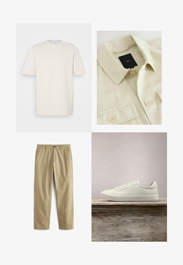 Beige Hemd zum Zumachen mit spitzem Kragen, Brusttasche und schwarzem Markenlabel mit der Aufschrift "NEXT" im Nackenbereich.; Kurzarm-T-Shirt in Off-Weiß, aus Baumwolle gefertigt. Klassisches Rundhalsdesign mit geradem Schnitt und minimalen Nähdetails.; Beige Hose aus Baumwollgemisch mit Knopfverschluss, zwei Fronttaschen und geraden Beinen mit minimaler Textur.; Weiße Schnürsneaker, die über einer Holzbank mit grünem Laub im Hintergrund schweben und das Schuhdesign sowie die Textur zeigen.