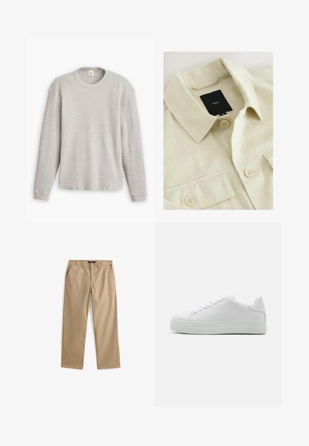 Beige overhemd met knopen, een puntige kraag, borstzak en een zwart merklabje met de tekst "NEXT" aan de binnenkant van de hals.; Grijze lange mouwen trui van gebreid materiaal met een geribbeld patroon, ronde halslijn en rechte zoom. De manchetten zijn aansluitend en gemaakt van zachte stof.; Beige recht gesneden chino's van lichtgewicht katoen. Voorzien van twee voorzakken en een knoopsluiting. Gladde textuur, minimale details.; Witte leren sneaker met een chunky platformzool, ronde neus en zes veterogen. Gladde textuur met subtiele stiksels.