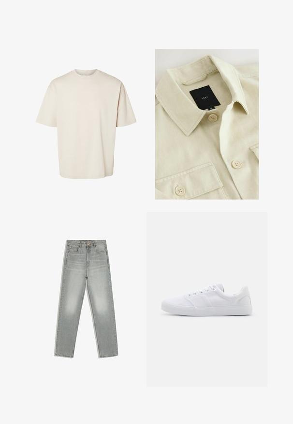 Beige Hemd zum Zumachen mit spitzem Kragen, Brusttasche und schwarzem Markenlabel mit der Aufschrift "NEXT" im Nackenbereich.; Schlichtes beiges, kurzärmeliges, übergroß geschnittenes Baumwoll-T-Shirt mit Rundhalsausschnitt, flach auf weißem Hintergrund präsentiert.; Graue Jeans mit geradem Bein, fünf Taschen, Knopf- und Reißverschluss, flach auf weißem Hintergrund dargestellt.; Weiße Leinenschuhe mit Gummisohle, ausgestattet mit sechs Ösen, einer strukturierten Zehenkappe und minimalistischer Gestaltung.
