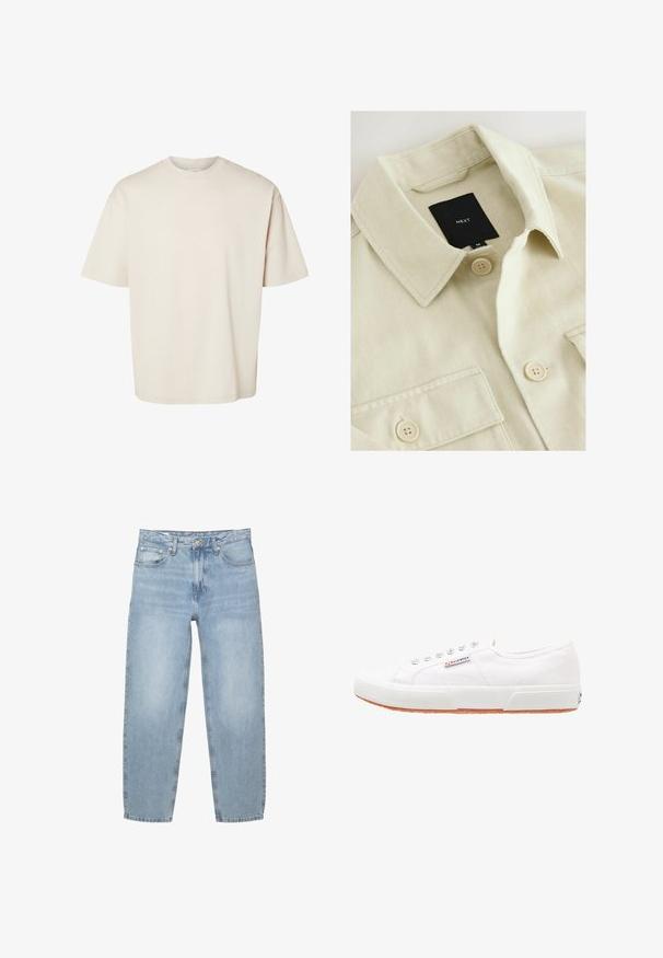 Chemise beige boutonnée avec col pointu, poche poitrine et étiquette de marque noire "NEXT" à l'intérieur de l'encolure.; T-shirt en coton beige uni, manches courtes, oversize, col rond, présenté à plat sur fond blanc.; Jean en denim bleu clair, coupe ample, taille haute, design à cinq poches, braguette à boutons et zip, jambes droites avec un ourlet légèrement effiloché.; Baskets en toile blanches avec une semelle en caoutchouc, design à lacets et une petite étiquette logo sur le côté. Tige blanche texturée et semelle extérieure marron.