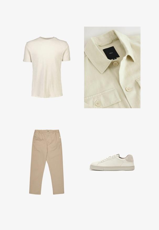 Beige overhemd met knopen, een puntige kraag, borstzak en een zwart merklabje met de tekst "NEXT" aan de binnenkant van de hals.; Korte mouwen t-shirt in lichtbeige, gemaakt van zachte katoen. Heeft een ronde halslijn en een gladde textuur zonder patronen of afbeeldingen.; Khaki broek van lichtgewicht stof, met een recht model, knoopsluiting en zijzakken. Gladde textuur met minimale details.; Witte leren lage sneaker met witte veters, licht gestructureerde zool en lichtgrijze suède hielpatch, zijaanzicht.