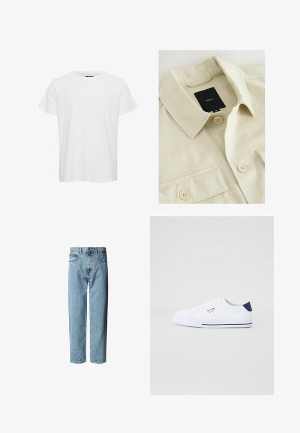 Chemise beige boutonnée avec col pointu, poche poitrine et étiquette de marque noire "NEXT" à l'intérieur de l'encolure.; T-shirt en coton blanc avec manches courtes, col rond et un logo discret sur la poitrine. Texture lisse avec une coupe classique.; Jean en denim bleu clair avec une coupe décontractée, présentant une taille haute, des surpiqûres contrastées et un léger effet usé sur le devant.; Baskets en toile blanches avec un accent de talon marine, semelle en caoutchouc plate, bout rond et lacets blancs. Présente un logo sur le côté.