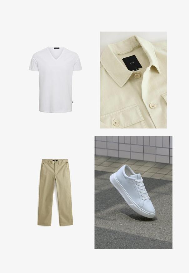 Beige skjorte med knapper, spids krave, brystlomme og sort mærkelabel med teksten "NEXT" inde i halsudskæringen.; Hvid kortærmet V-hals t-shirt lavet af bomuld, med regulær pasform og et lille logo mærke på den nederste venstre side.; Beige bomulds chinos med lige ben design, der har to forlommer og en klassisk knaplukning. Glat tekstur, minimale detaljer.; Hvid lavtop sneaker med snørebånd, der svæver over tekstureret asfalt og beige flisebelagt overflade i baggrunden.