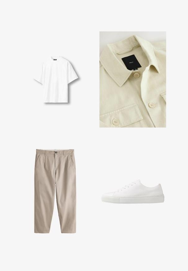 Beige overhemd met knopen, een puntige kraag, borstzak en een zwart merklabje met de tekst "NEXT" aan de binnenkant van de hals.; Effen wit oversized T-shirt met korte mouwen en een ronde hals, met een zwart label aan de binnenkant van de achterkant van de kraag, getoond op een lichte achtergrond.; Beige rechte broek met riemlussen, knoop- en ritssluiting aan de voorkant, zijzakken en zichtbare stikseldetails op een witte achtergrond.; Witte leren sneaker met een gladde afwerking, ronde neus en zes oogjes voor veters. Voorzien van een getextureerde rubberen zool en een minimalistisch ontwerp.