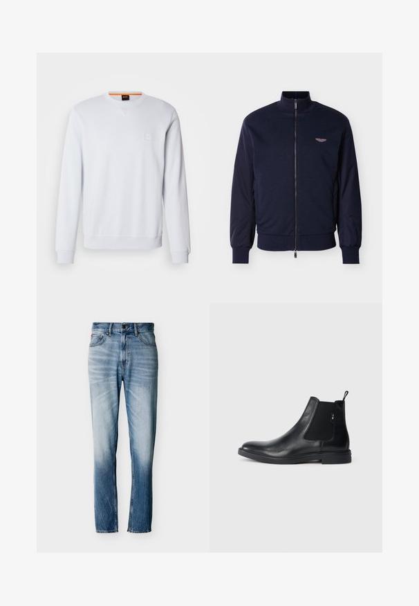 Cazadora bomber azul marino con cuello alto, cuerpo de tela y mangas lisas en contraste. Cuenta con cierre de cremallera y un pequeño detalle de logo con alas.; Sudadera blanca con mangas largas, cuello redondo y un discreto parche con el logo. Textura suave y puños y dobladillo acanalados para un ajuste ceñido.; Vaqueros azules desgastados de pierna recta con cinco bolsillos, cierre de botón y trabillas para cinturón, mostrados extendidos sobre un fondo blanco.; Botines Chelsea de cuero negro con paneles elásticos laterales, una pestaña para tirar y una suela de goma plana. Textura suave con un detalle mínimo.