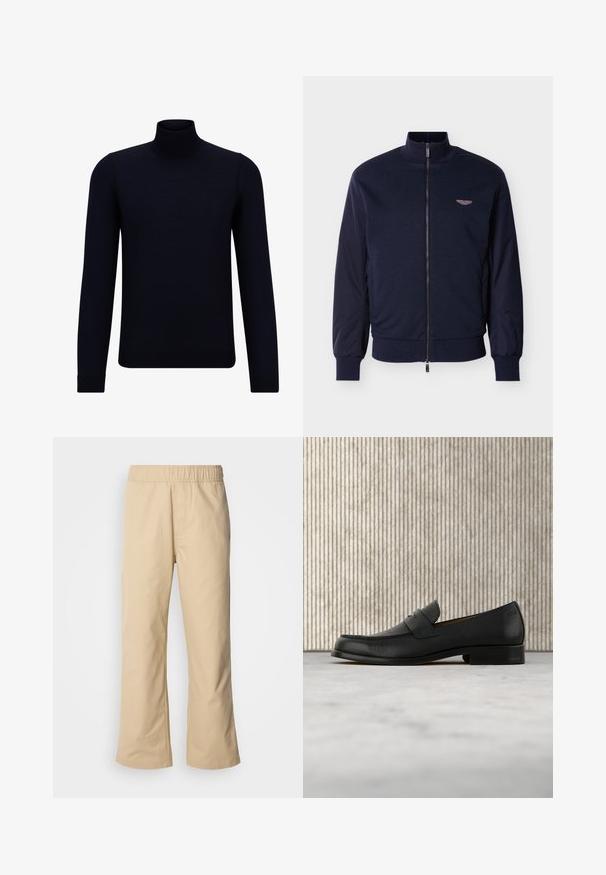 Marineblå bomberjakke med høj krave, stofkrop og kontrasterende glatte ærmer. Har lynlås og et lille vinget logo.; Mørkeblå turtleneck sweater lavet af fint strikstof, med lange ærmer og en tætsiddende, høj halsudskæring. Ingen synlige mønstre eller detaljer.; Beige vidde bukser med elastisk talje, lavet af glat bomuldsstof, med sidelommer og en lige silhuet.; Sort lædersko i loafer-stil svæver over et beige tæppe med et blankt brunt rundt bord i baggrunden.