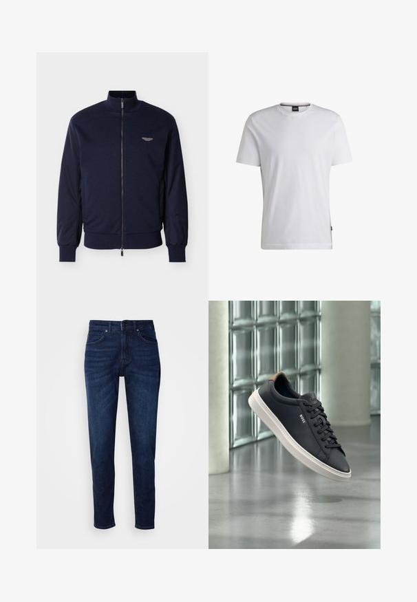 Marineblauwe bomberjack met een hoge kraag, stoffen lijf en contrasterende gladde mouwen. Voorzien van een ritssluiting en een klein logo met vleugels.; Witte T-shirt met korte mouwen van katoen. Heeft een ronde hals en een subtiele merklabel aan de zijkant. Zachte textuur en eenvoudig ontwerp.; Donkerblauwe denim jeans met een rechte pijpdesign, voorzien van zakken en een knoopsluiting bij de taille. Zachte textuur, minimale vervagingdetails.; Zwarte lage vetersneaker met witte zool en bruine hieltab, merk "BOSS", drijvend binnen nabij een muur van glasblokken.