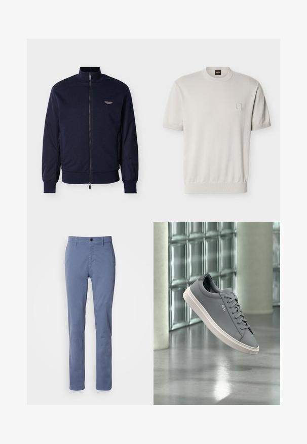 Cazadora bomber azul marino con cuello alto, cuerpo de tela y mangas lisas en contraste. Cuenta con cierre de cremallera y un pequeño detalle de logo con alas.; Suéter beige de manga corta con cuello redondo, dobladillo y puños acanalados, pequeño detalle cuadrado en el pecho izquierdo y etiqueta de marca en el cuello.; Pantalones rectos azules con cierre de botón y cremallera, trabillas para cinturón y bolsillos frontales, exhibidos sobre un fondo blanco.; Zapatilla gris de la marca BOSS con suela blanca, con cordones, flotando en el interior frente a una pared de bloques de vidrio y suelo de hormigón pulido.