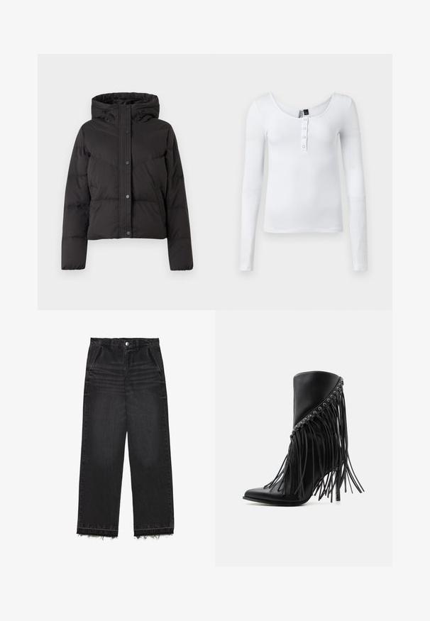 Doudoune noire avec capuche, boutons-pression à l'avant, poches latérales et manches longues, conçue pour les temps froids.; Haut à manches longues blanc en côtes avec un décolleté en forme de scoop et quatre boutons sur le devant. Le tissu a une texture lisse et un design ajusté.; Pantalon en denim noir à coupe droite. Doté d'une taille haute, d'un ourlet effiloché et d'une texture légère délavée sur l'ensemble. Poches avant incluses.; Bottine noire à talon haut avec franges inclinées et œillets métalliques le long du bord supérieur, bout pointu et talon stiletto.