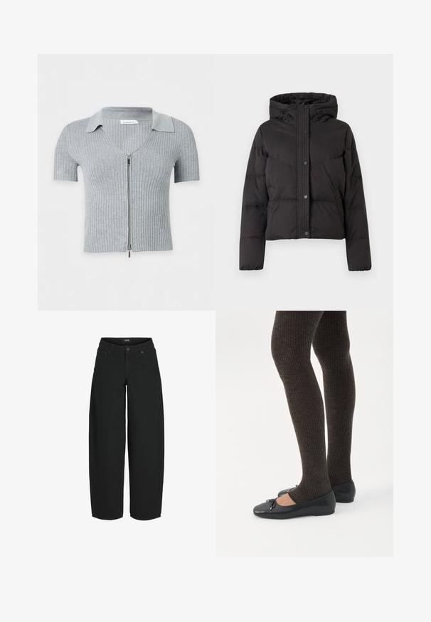 Doudoune noire avec capuche, boutons-pression à l'avant, poches latérales et manches longues, conçue pour les temps froids.; Cardigan gris clair côtelé à manches courtes avec col et fermeture éclair argentée sur fond blanc.; Jean noir à jambes larges et coupé court, avec fermeture à boutons et fermeture éclair à l'avant, poches avant et arrière, étiquette de marque sur la ceinture.; Jambes portant des leggings côtelés foncés associés à des ballerines noires avec de petits détails en nœud sur fond blanc.
