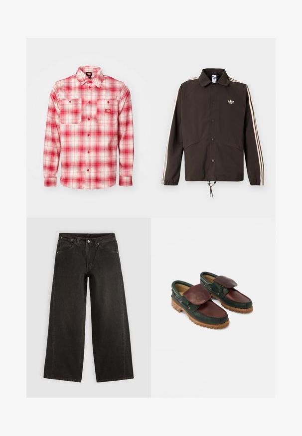 Chaqueta marrón con cuello, botones de presión en la parte delantera, dos bolsillos laterales y rayas rosa claro a lo largo de las mangas. Cuenta con un logo en el pecho.; Camisa de franela a cuadros rojos y blancos con mangas largas, cierre de botones en la parte delantera, dos bolsillos en el pecho y una etiqueta en la parte izquierda. Textura suave.; Vaqueros negros de pierna ancha con bolsillos delanteros, cierre de botones y trabillas para cinturón, mostrados planos sobre un fondo claro.; Zapatos de cuero con cuerpo verde oscuro, parte superior burdeos, puntera redonda, solapa asegurada y suela de caucho texturizada con crestas.