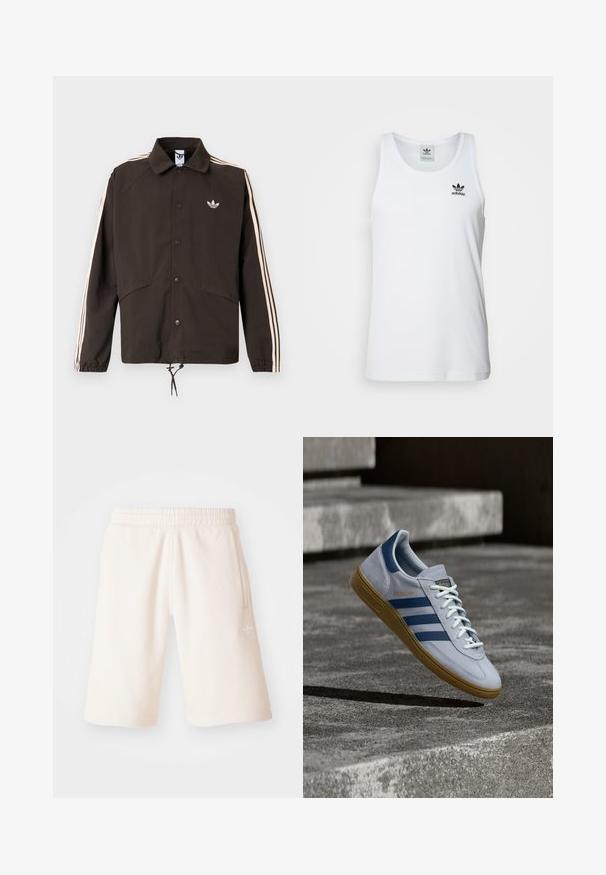 Chaqueta marrón con cuello, botones de presión en la parte delantera, dos bolsillos laterales y rayas rosa claro a lo largo de las mangas. Cuenta con un logo en el pecho.; Top sin mangas blanco con canalé y escote redondo, logo negro de Adidas en el lado izquierdo del pecho. Material de algodón suave, corte casual.; Pantalones cortos de algodón color crema con cintura elástica, bolsillos laterales y un logotipo sutil en la pierna izquierda. Textura suave y diseño hasta la rodilla.; Zapatilla Adidas Spezial azul claro con rayas azul marino y suela de goma, mostrada en el aire sobre escalones de hormigón en un entorno exterior neutral.