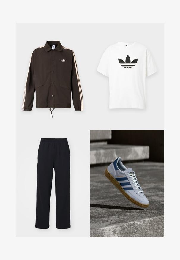 Bruine jas met een kraag, drukknoopsluiting aan de voorkant, twee zijzakken en lichtroze strepen langs de mouwen. Heeft een logo op de borst.; Witte katoenen t-shirt met een groot zwart Adidas trefoil-logo en drie horizontale strepen eronder. Korte mouwen, ronde hals.; Zwarte sweatpants met een elastische tailleband, rechte benen en gestikte details. Gemaakt van zachte, textuurstof.; Lichtblauwe Adidas Spezial sneaker met marineblauwe strepen en rubberen zool, getoond in de lucht boven betonnen trappen in een neutrale buitenomgeving.