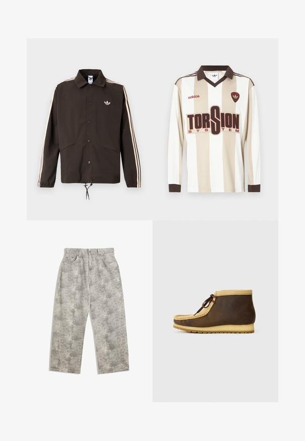 Brun jakke med krave, forreste trykknapper, to sidelommer og lyserøde striber langsærmerne. Har et logo på brystet.; Langærmet beige og hvidstribet fodboldtrøje; har brun krave og ærmekanter, stort rødt "TORSION SYSTEM" logo og adidas-mærkning.; Lysegrå denimbukser med en afslappet, bred benpasform. Har en subtil marmoreret tekstur, fem lommer og frontlukkning med knap.; Brune læderankelstøvler med en tan ruskindskrave, rund tå og brune snørebånd. Har en struktureret gummisål for godt greb.