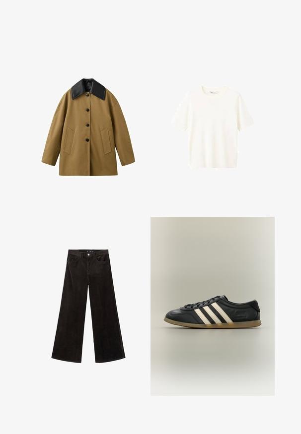 Manteau long à manches longues avec boutons, grand col noir et deux poches avant, présenté sur un fond blanc.; T-shirt à manches courtes et col rond en tissu doux de couleur blanc cassé avec une texture lisse et un ourlet droit. Pas de motifs ou d'ornements visibles.; Pantalons en velours côtelé noirs à jambes larges avec une taille haute, poches avant, et un tissu texturé, dotés d'une fermeture à bouton et de passants de ceinture.; Baskets Adidas Gazelle noires avec des bandes blanches, des lacets noirs et une semelle marron clair, vues de profil sur un fond neutre.