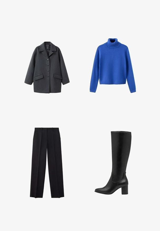 Mørkegrå uldfrakke med kraveudskæring, seks knapper foran og to sidelommer. Har en afslappet pasform og tekstureret stof.; Blå turtleneck sweater lavet af blødt strikstof. Har en ribbet krave, lange ærmer og en cropped kant for en moderne pasform.; Sorte skræddersyede bukser med lige ben, bæltestropper og sidelommer, designet til formelt eller kontorbrug.; Sorte knæhøje støvler lavet af glat læder. De har en spids tå, blokhæle og elastiske sidepaneler for nem påtagning.