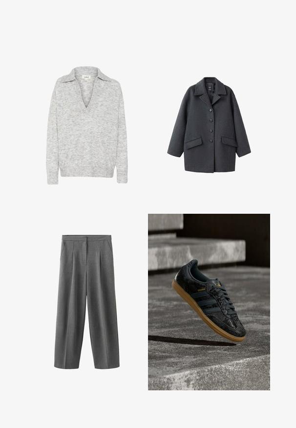 Mørkegrå uldfrakke med kraveudskæring, seks knapper foran og to sidelommer. Har en afslappet pasform og tekstureret stof.; Lys grå v-hals sweater med krave. Blødt, struktureret stof. Lange ærmer, ribkant. Subtil mønster i materialet.; Grå vidde bukser med forreste læg, sidelommer og høj talje, lavet af et glat tekstureret stof.; Sort Adidas Samba-sneaker med struktureret mønster, gummisål og guldlogo, placeret i luften over betontrin.