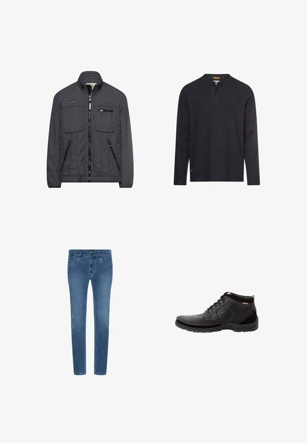 Dunkelgraue, leichte Jacke mit hohem Kragen, Frontreißverschluss, zwei Brustklapptaschen, einer Brustreißverschlusstasche und zwei seitlichen Schrägreißverschlusstaschen.; Schwarzes Langarm-Henley-Shirt mit drei Knöpfen am Kragen, kleinem Logo auf der Brust und einem gelben Etikett im Krageninneren.; Blaue Denim-Jeans mit schmaler Passform, die vordere Taschen, einen Knopfverschluss und dezente Verblassung entlang der Beine aufweisen.; Schwarze High-Top-Schuhe aus Leder und Wildleder, mit runder Zehenpartie, Schnürung vorne, gepolstertem Kragen und Gummisohle mit strukturierten Akzenten.