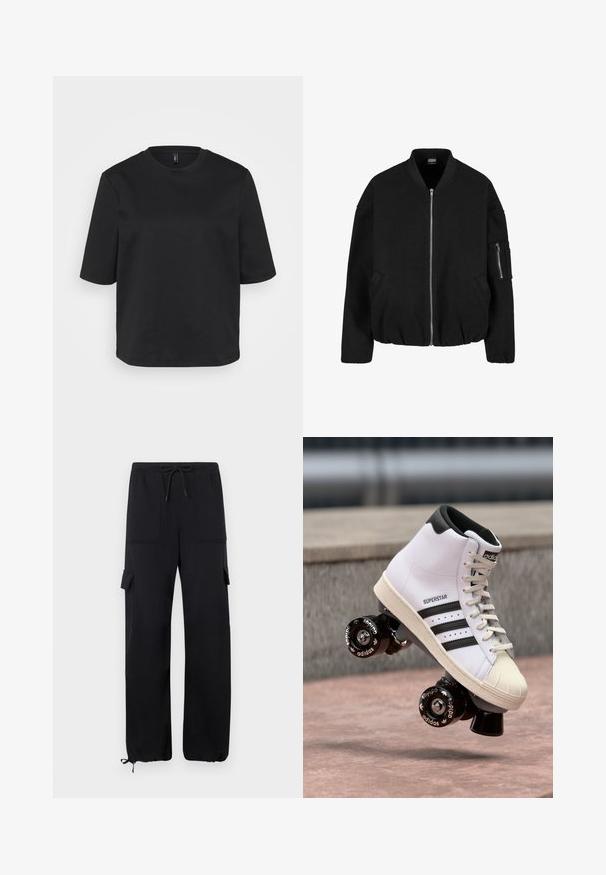 Urban Classics Bomberjakke - black; Sort crew-neck t-shirt lavet af bomuld, med korte ærmer og en afslappet pasform. Glat tekstur uden synlige mønstre eller detaljer.; Sorte cargo bukser lavet af blødt stof, med en snøre i taljen, to franske lommer og elastiske manchetter ved anklerne.; Hvide høje rulleskøjter; læderoverdel med tre sorte striber; sort hæl; gummi sål; prydet med Adidas branding på hjulene.