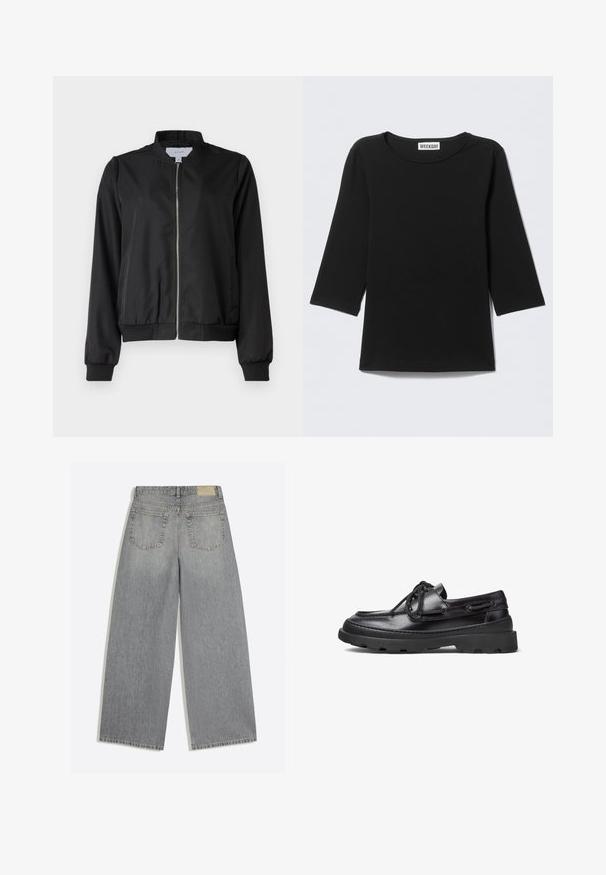 Veste bomber noire avec fermeture éclair à l'avant, col arrondi, poignets et taille élastiques. Fabriquée en tissu lisse avec des poches latérales.; T-shirt noir à manches longues, col rond, manches trois-quarts et une étiquette "WEEKDAY" à l'intérieur du col.; Jean en denim gris à jambes larges montrant l'arrière avec deux poches et des passants de ceinture, posé à plat sur fond blanc.; Bateaux en cuir noir avec un bout arrondi, un laçage, des accents en surpiqûre et une semelle en caoutchouc épaisse dotée d'un motif de traction texturé.