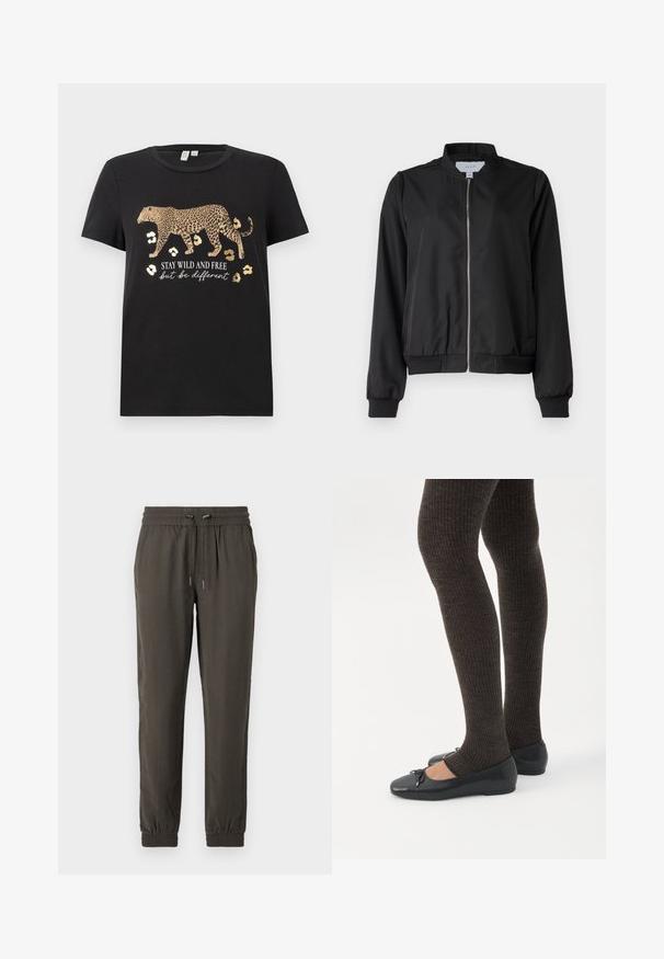 Sort bomberjakke med lynlås fortil, rund krave, elastiske ærmer og talje. Fremstillet af glat stof med sidelommer.; Sort bomulds T-shirt med leopardprint design og gyldne accenter. Har teksten "BLIV VILDE OG FRIE, men vær anderledes" under.; Mørkegrønne joggerbukser lavet af letvægtsstof, udstyret med en elastisk talje med snor og elastiske manchetter ved anklerne.; Ben iført mørke ribbede leggings kombineret med sorte balletsko med små sløjfedetaljer på hvid baggrund.